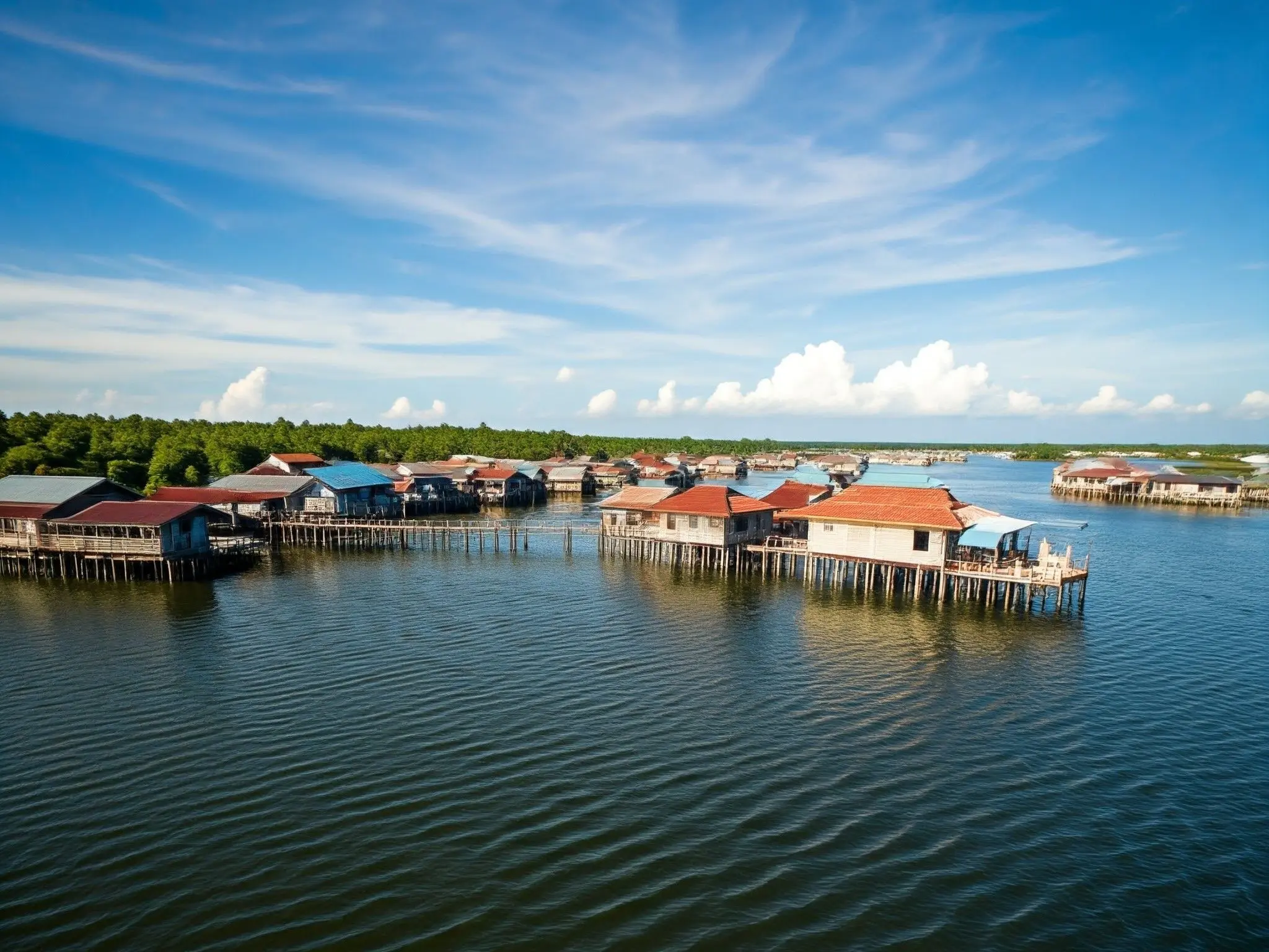【カンポンアイール】ブルネイのカンポン・アイールは、世界最大級の水上集落として知られています。陸地ではなく、川の上に家が建ち並ぶ独特の光景は、ブルネイを代表する観光スポットの一つです。
